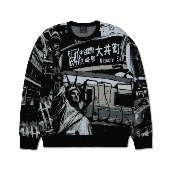 HUF Worldwide Commuter Sweater zwart knitwear sweater met geborduurd logo
