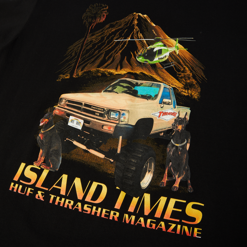 HUF x Thrasher Island Times SS Tee – zwart T-shirt van 100% katoen met Island Times-print van truck, vulkaan en honden