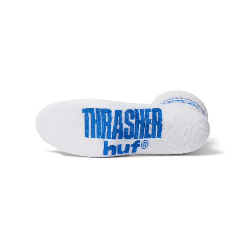 HUF x Thrasher Logo Sock – crew sokken met jacquard HUF x Thrasher-logo, verkrijgbaar in zwart en wit, gemaakt van zachte katoenblend