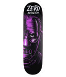 Zero Brandon Burleigh Fright Night skateboard deck 8.5 inch, Resin-7 7-ply North American Maple twin tail medium concave pro model met Hannibal Lecter horror graphic in zwart en paars 32.3 inch lang wheelbase 14.5 inch, verkrijgbaar bij Revert 95 Haarlem