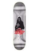 Zero x Pleasures Reaper skateboard deck, 7-ply maple collab deck met premium silver foil Death Reaper graphic eerbetoon aan death metal band Death gemaakt in Mexico beschikbaar in 8.25 x 31.9 inch en 8.50 x 32.3 inch assorted top stains, verkrijgbaar bij Revert 95 Haarlem