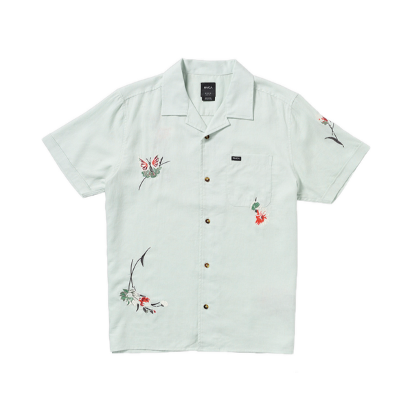 RVCA Nectar Short Sleeve Shirt – linnen-viscose overhemd met all-over print en camp collar