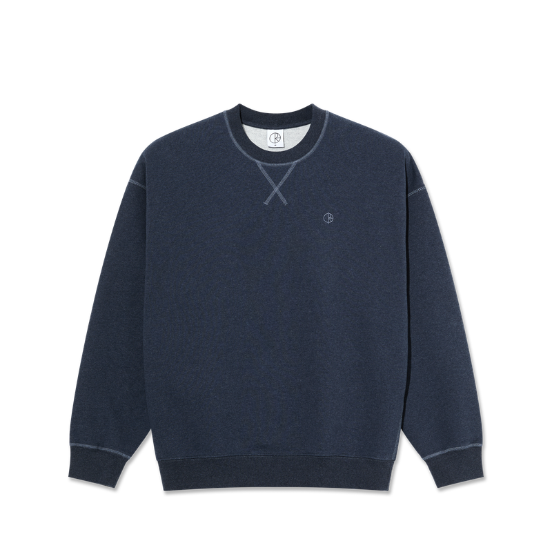 Polar Skate Co Frankie Crewneck Navy Melange – sweatshirt van zware katoenmix met geborstelde binnenzijde en subtiel geborduurd Polar-logo in navy melange kleur.