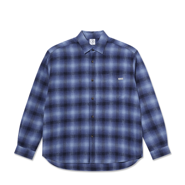 Polar Skate Co Mitchell LS Shirt Shadow Check – longsleeve overshirt van katoenmix met zwart-grijze ruitprint en borstzak met Polar-label.