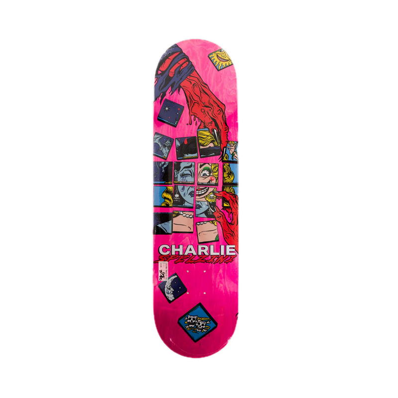 Death Skateboards Spelzini Interchangeable Pink Stain – skateboarddeck van 7-laags esdoornhout met Spelzini-graphic en roze wood stain afwerking