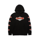 HUF x Thrasher Logo PO Hoodie – hoodie van zwaar katoenfleece met HUF x Thrasher-logo op borst en mouwprints, verkrijgbaar in zwart en grijs