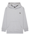 Element x Floor Van Het Nederend Pizza Kids Sweater Mid Grey Heather met geborduurd Malvin The Cat hoofd op de linkerborst en full-color Pizza backprint, verkrijgbaar bij Revert 95 Haarlem