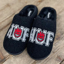 HUF Fuzzy Slipper Black, fuzzy-gevoerde slipper van 100% polyester met Green Buddy artwork en cupsole, verkrijgbaar bij Revert 95 Haarlem