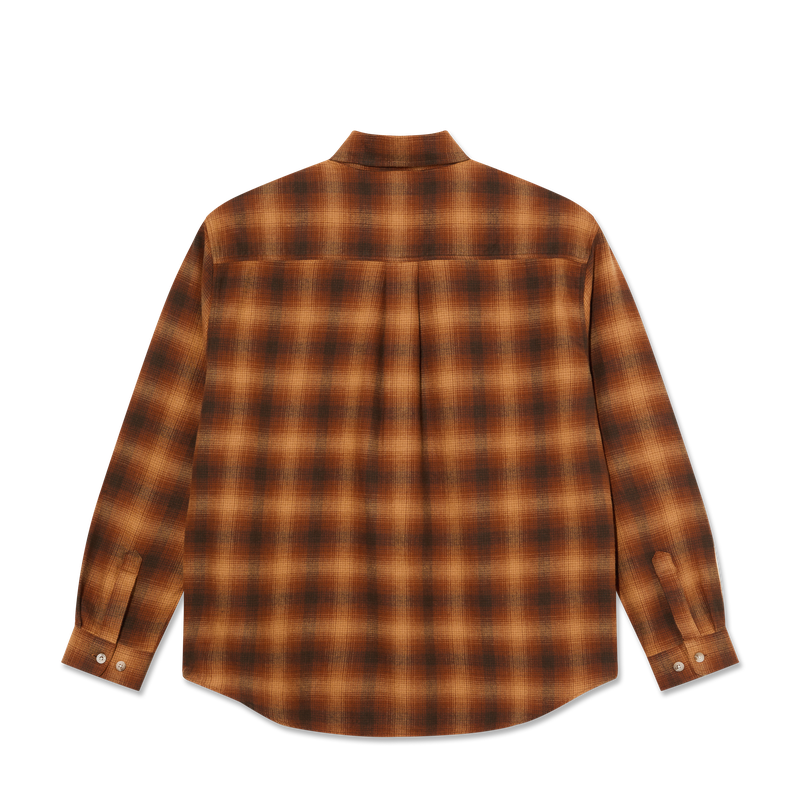 Polar Skate Co Mitchell LS Shirt Shadow Check – longsleeve overshirt van katoenmix met zwart-grijze ruitprint en borstzak met Polar-label.