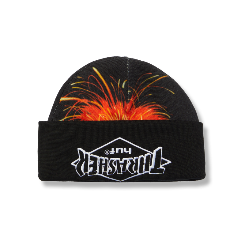HUF x Thrasher Meltdown Reversible Beanie – dubbelzijdige muts met vulkaanprint aan de ene kant en HUF x Thrasher-logo aan de andere, gemaakt van zachte acrylstof