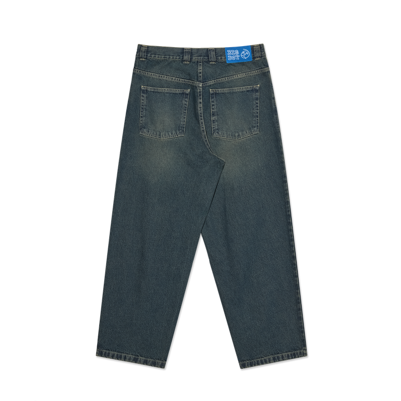 Polar Skate Co Big Boy Pants Dirty Blue – denim broek van 100% katoen met losse pasvorm, Big Boy-logo en vintage Dirty Blue wassing.