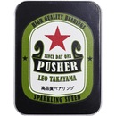 Pusher Bearings Leo Takayama Pro ABEC 9 in zwart collectorblik met Heineken-geïnspireerd label in groen en wit met rode ster en Japanse tekst, verkrijgbaar bij Revert 95 Haarlem