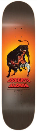 Censorship Skateboards Roberto Alemañ Chiba Deck 8.3" met oranje naar donkerbruin verlopende achtergrond en illustratie van Roberto Alemañ met stier, verkrijgbaar bij Revert 95 Haarlem