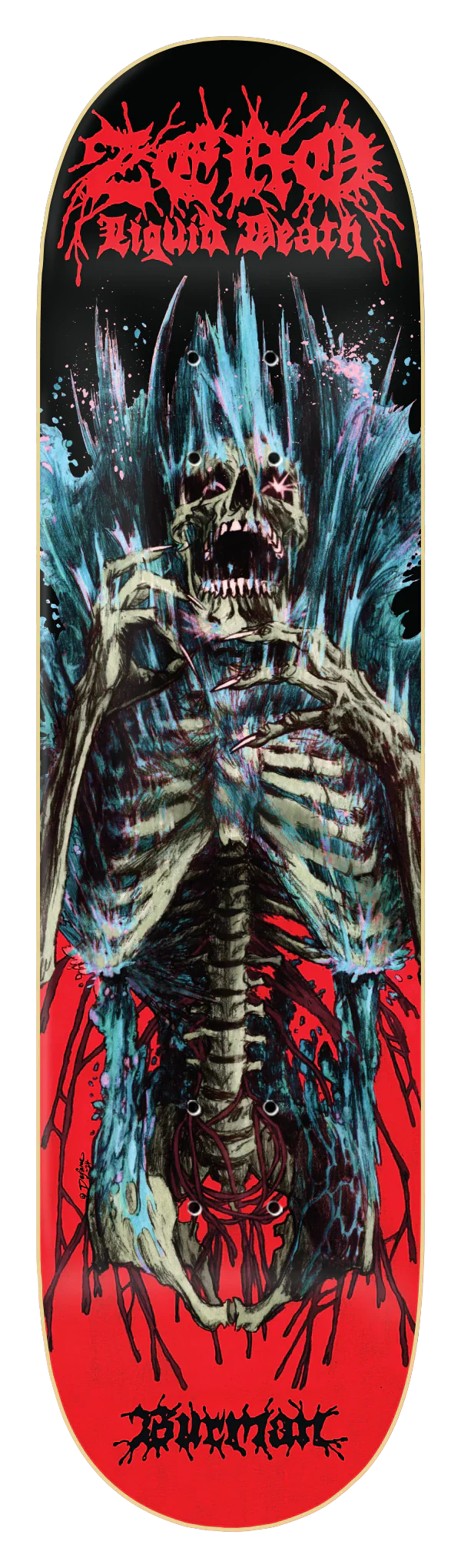 Zero Burman Liquid Death Deck – pro skateboard deck van James Burman met Liquid Death graphic