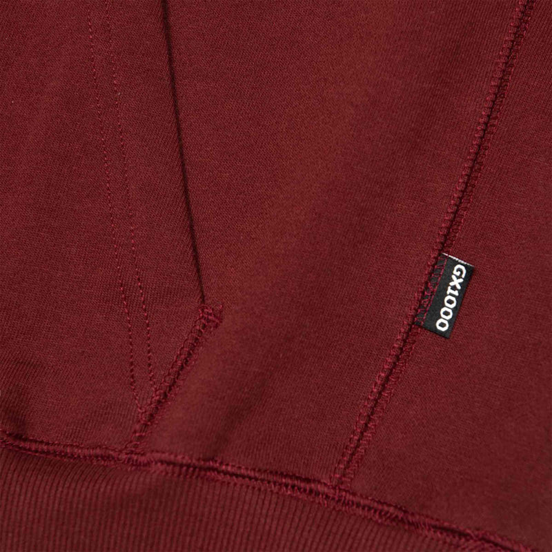 GX1000 Og Logo Flip Hoodie maroon voorkant gx1000 label close-up sweater Revert95.com