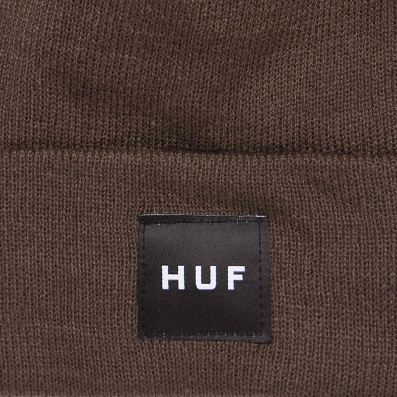 HUF BOX LOGO BEANIE brown voorkant muts close-up HUF logo Revert95.com