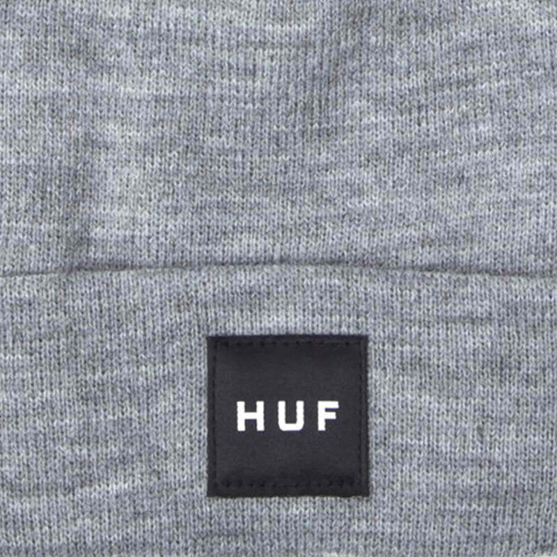HUF BOX LOGO BEANIE Grey Heather voorkant muts HUF logo close-up Revert95.com
