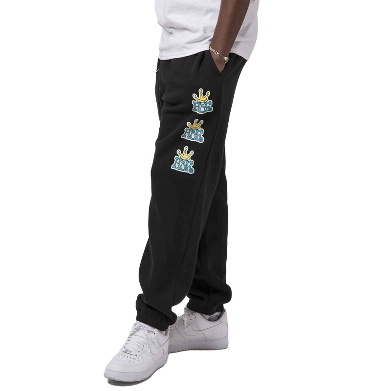 HUF CROWN STACK FLEECE PANT black zijkant zwarte jogging broek Revert95.com