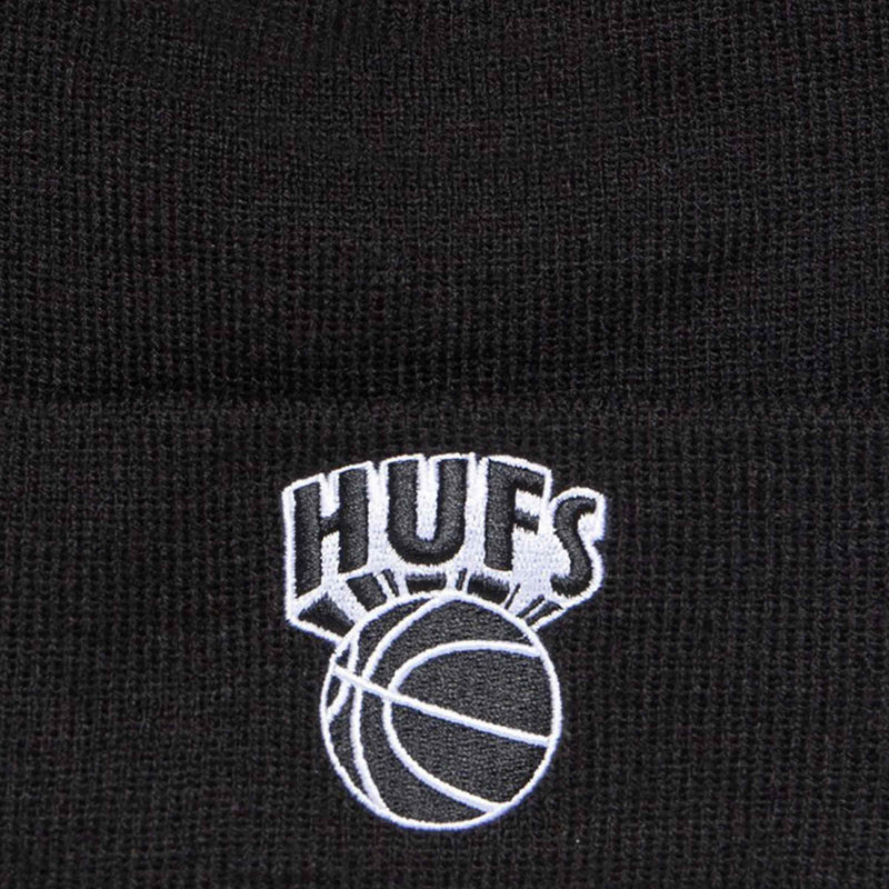 HUF EASTERN POM BEANIE zwart voorkant HUF logo close-up Revert95.com