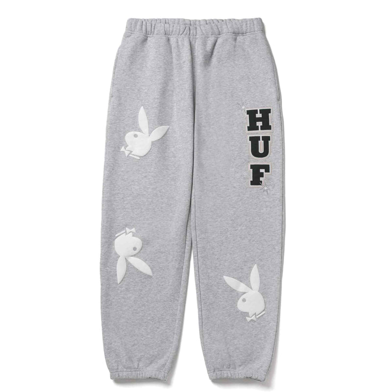 HUF X PLAYBOY RABBIT HEAD FLEECE PANT Grey Heather voorkant plat grijze joggingbroek  Revert95.com