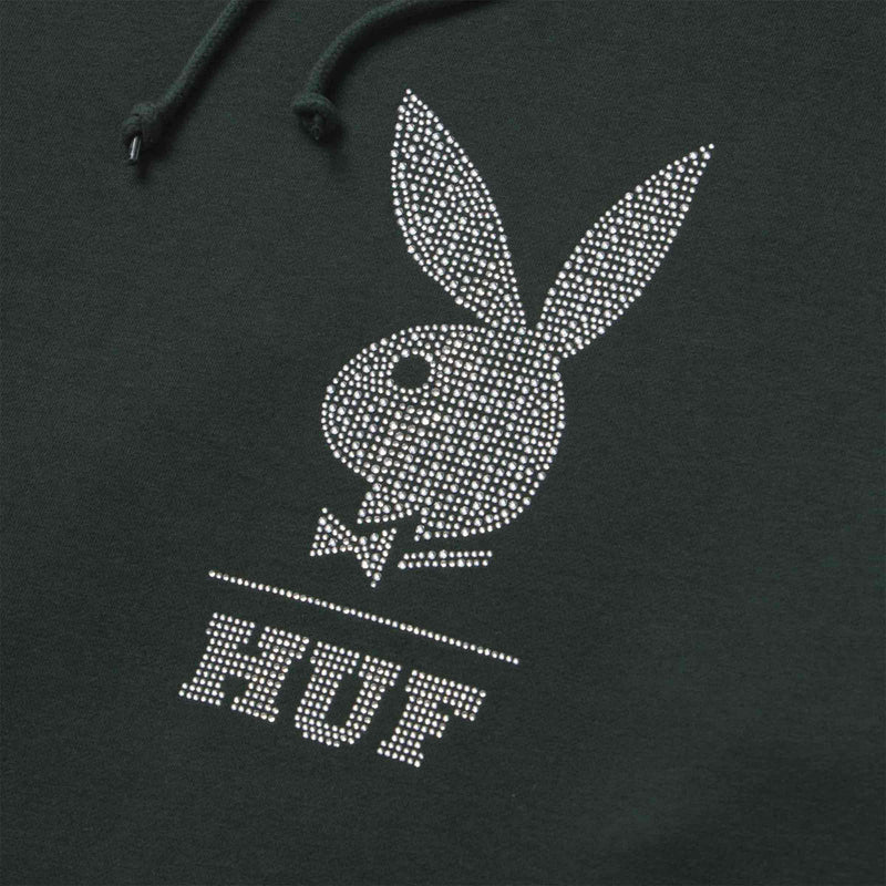 HUF X PLAYBOY RHINESTONE PULLOVER HOODIE Forest green voorkant close-up sweater Revert95.com