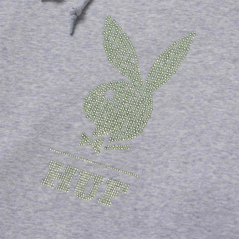 HUF X PLAYBOY RHINESTONE PULLOVER HOODIE Grey Heather voorkant close-up sweater Revert95.com