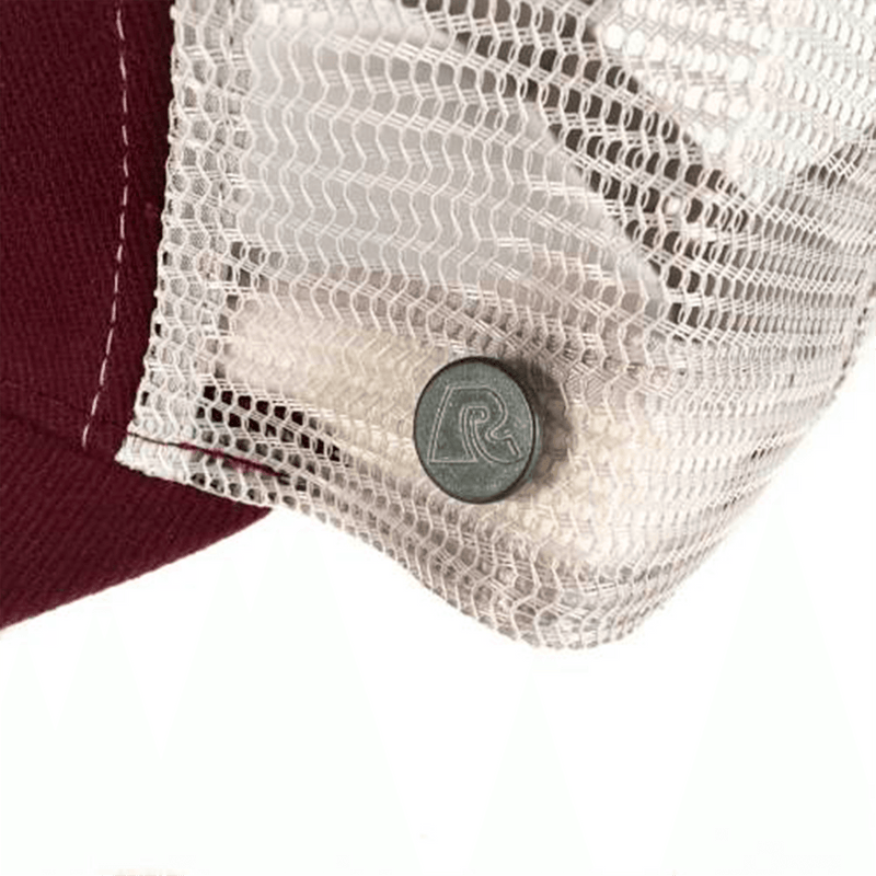 Rumble R Trucker Burgundy Cap logo close-up