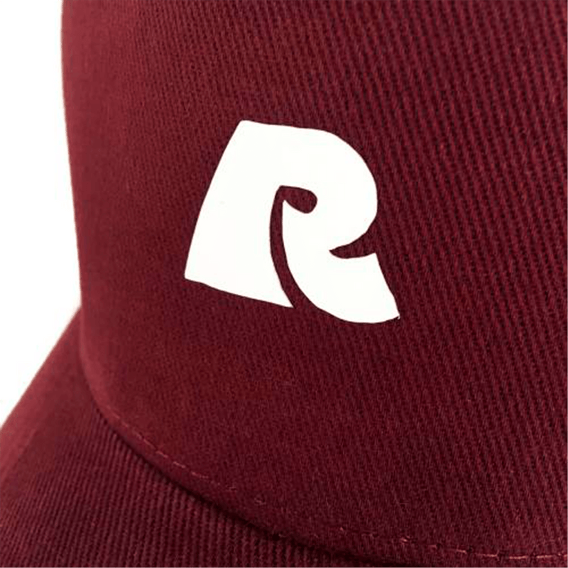 Rumble R Trucker Burgundy Cap logo close-up