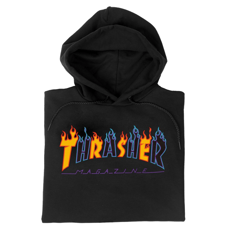 Thrasher Double Flame Logo Hoodie Black voorkant close-up