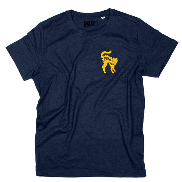 Rumble speedshop Navy Heather Yellow Cat Tee voorkant Revert95.com