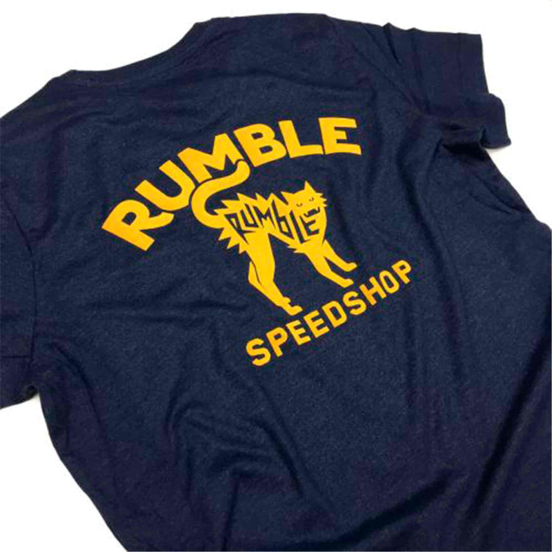 Rumble speedshop Navy Heather Yellow Cat Tee achterkant close-up Revert95.com